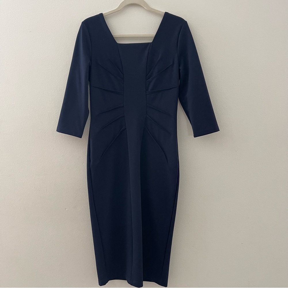 Mary Crafts Sophisticated Square Neck 3/4 Sleeve Navy Dress